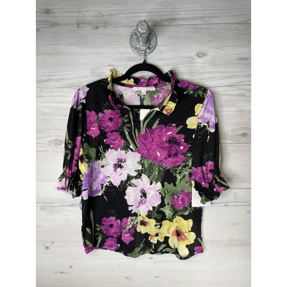 Stella + Ginger Shirt Womens Small Black Floral Ruffle Sleeve Split Neck‎ Top